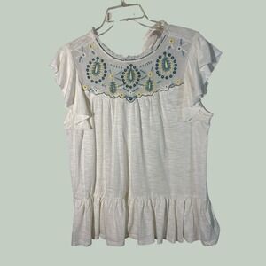 Lucky Brand Women Cream Embroidered Mesh Yoke Peasant Top Ruffle Hem Medium